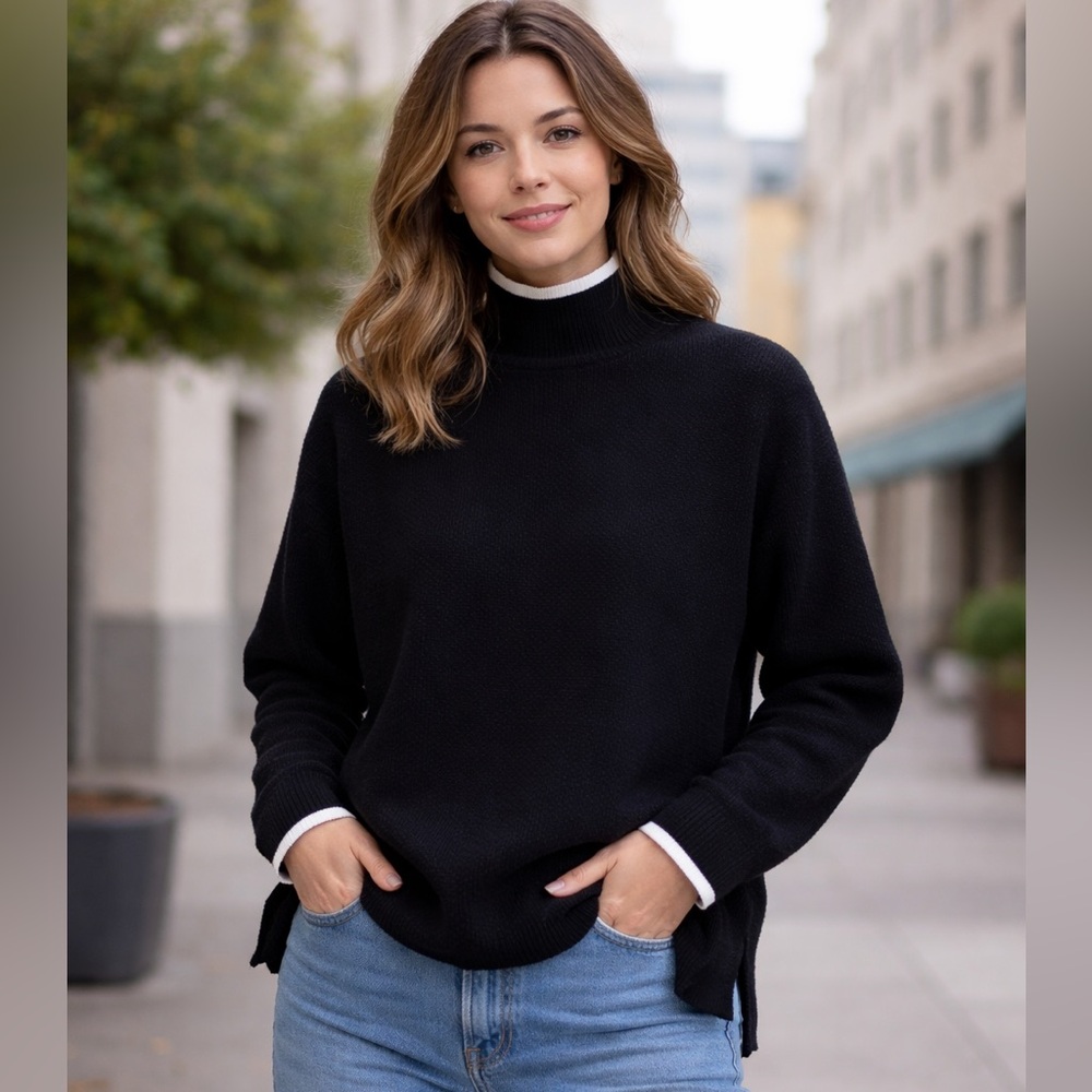 ANTHROPOLOGIE MAEVE Turtleneck Oversized Long Sleeve Sweater Black White Small